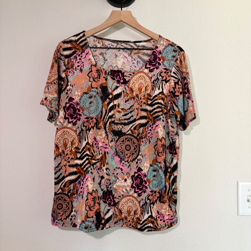 Short Sleeve Top Mixed Floral Animal Print L Stretch Square Neck Boho